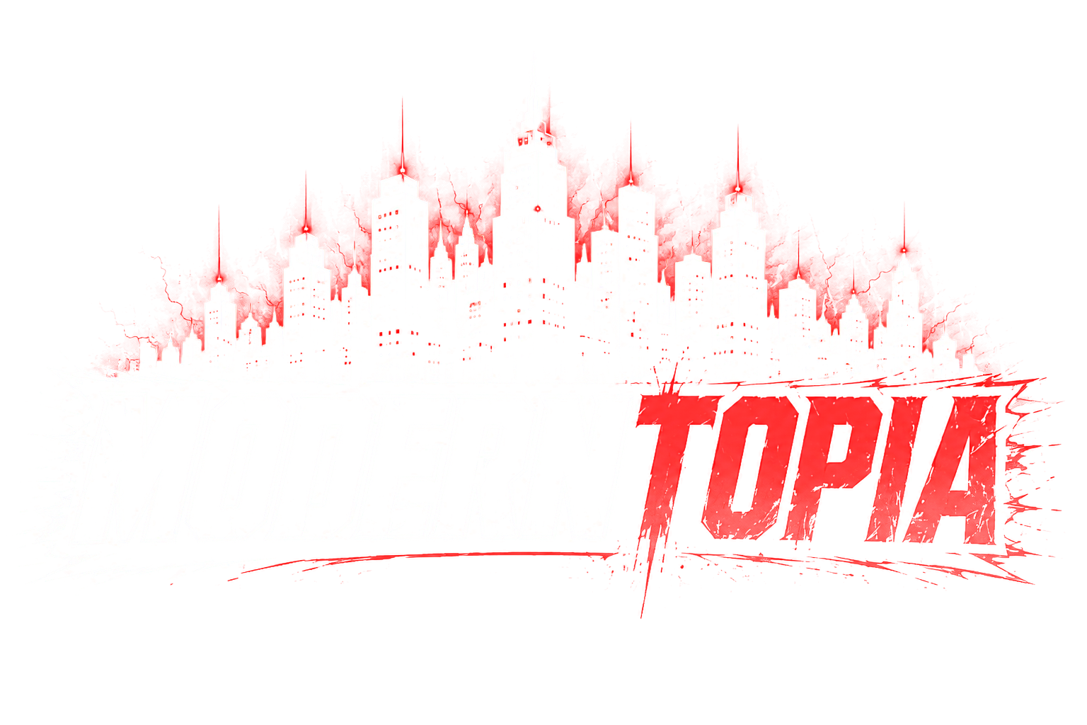 Modern Topia skyline in black, white, and electric red